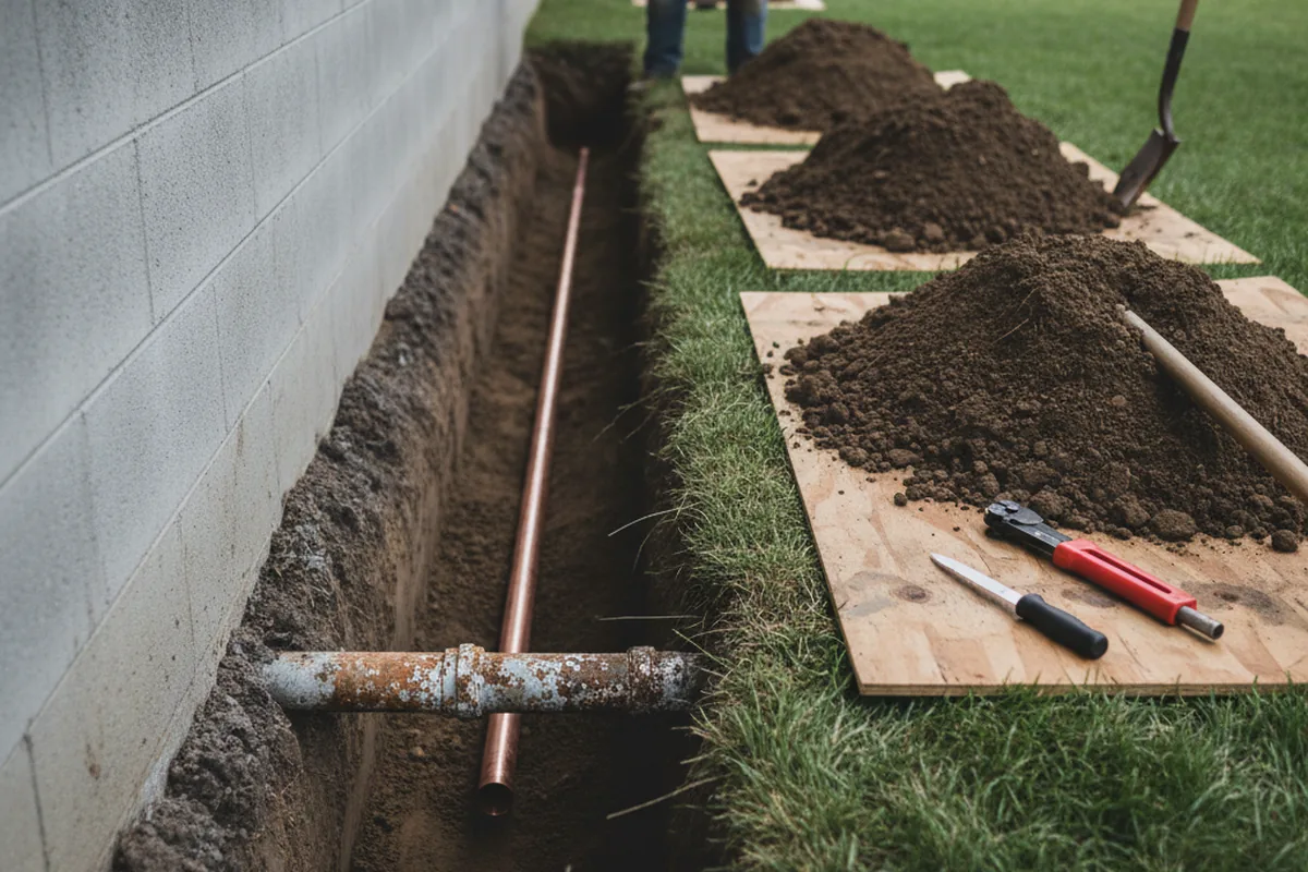 Excavated water line trench during Sewer Line Repair in Essie